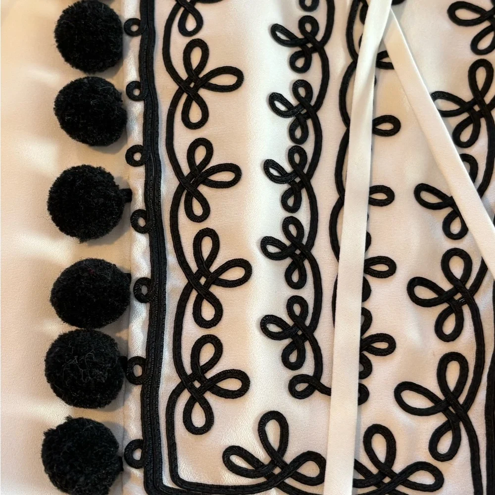 Kate Spade White Black Pom Pom Embroidered Peplum Blouse XS